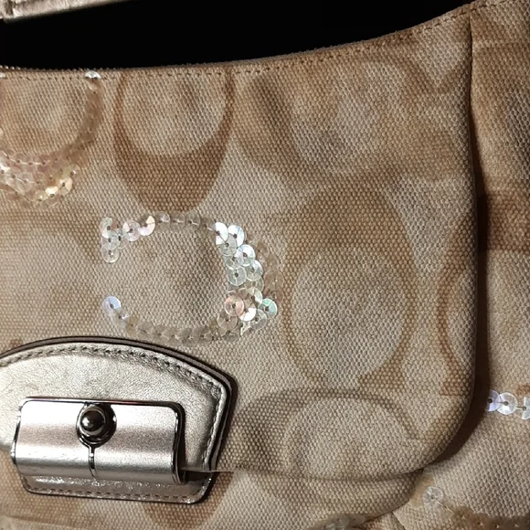 SALE! Coach Kristin Hobo Signature Beige & Silver Sequined Shoulder Bag - Picture 3 of 16